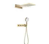 Système de douche à effet pluie, grand pommeau de douche cascade avec pulvérisateur à main, ensemble de robinet de douche thermostatique mural, laiton massif, or brossé LWX