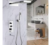 Système de douche à effet pluie, panneau de douche avec douchette à main, pommeau de douche, thermostat, mitigeur de douche, montage mural de salle de bain, moderne, montage mural, argenté