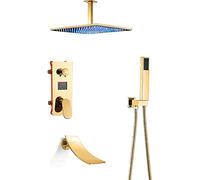 Système de douche à LED avec affichage numérique, ensemble de robinets de douche en or avec bouffée de baignoire en cascade, mélangeur de pluie, ensemble combo de douche avec douche carrée LWX