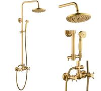 Système de douche apparent avec pommeau mural - Ensemble de robinetterie de douche à effet pluie triple fonction en acier inoxydable et laiton avec kit de douche à jet réglable (laiton antique)