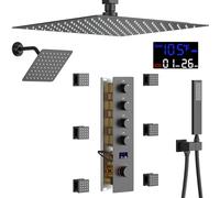 Système de douche au plafond avec jets de corps et pommeau de douche mural, vanne inverseur 4 fonctions, finition bronze huilé