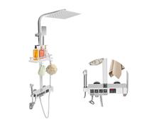 Système de douche avec thermostat, écran LED, robinet de douche avec douche à effet pluie de 20 x 20 cm, douchette à main, buse supplémentaire et robinet, set de douche à 4 types de jet, tige réglable