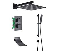 Système de douche Black Thermostatic Shower Robinet Ensemble avec baignoire en cascade, douche de douche murale Set Brass Basser avec pomme de douche, douche à main, canne de levage, 16 pouces (12