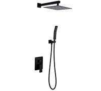 Système de douche carré noir avec ensemble combiné à main, ensemble de robinet de douche mural complet avec valve en laiton et kit de garniture (25,4 cm)