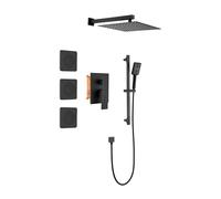Système de douche complet avec pommeau de douche réglable, douchette à main, barre coulissante, jets corporels, bras de douche, flexible, garniture de valve et poignées à levier