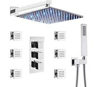 Système de douche de douche, en laiton 10-12 pouces mural chromé chrome LED Rain-têtes de douche avec soupape de mélangeur thermostatique et 6 pulvérisations de massage et ensemble de douche à main,