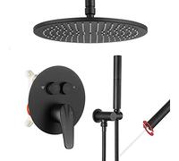 Système de douche de luxe en laiton monté au plafond avec bouton poussoir - Pommeau de douche à effet pluie de 25,4 cm - Finition noire mate