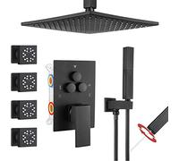 Système de douche de luxe noir mat en laiton avec bouton poussoir inverseur avec pommeau de douche de 25,4 cm à montage au plafond et 2 en 1 4 jets de corps pour une expérience spa