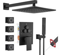 Système de douche de luxe noir mat en laiton avec inverseur à bouton poussoir 25,4 cm, pommeau de douche à main 2 en 1, 4 jets de corps pour une expérience de spa ultime