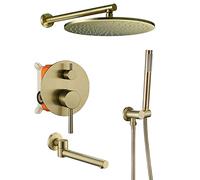 Système de douche de pluie Brossed Gold Shower Set Mur Mall Bower Salle Bathroom Down Robinet Ensemble avec une pomme de douche en laiton de 10 pouces, une douche à main, un robinet de baignoire, une