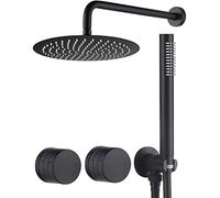 Système de Douche de précipitations en Laiton 12 Pouces Pomme de Douche de Pluie avec Ensemble de robinets de Douche à Main (vanne Rugueuse Incluse), Noir Mat