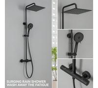 Système de douche DERW Max avec thermostat, pommeau de douche à effet pluie, colonne de douche ronde, ensemble de douche comprenant 5 types de jets, douchette à main, acier inoxydable Description:[Uni