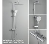 Système de douche DERW Max avec thermostat, pommeau de douche à effet pluie, colonne de douche ronde, ensemble de douche comprenant 5 types de jets, douchette à main, acier inoxydable Description:[Uni