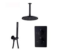 Système de douche dissimulé Robinet en laiton Mitigeur thermostatique Ensemble avec pommeau à effet pluie, douchette, noir mat, montage au plafond, 8 pouces(12Inch)