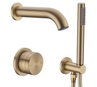 Système de douche en laiton doré brossé - Ensemble mitigeur de douche encastré rond - Pomme de douche à effet pluie intégrée avec 2 fonctions - Mélangeur de vanne inverseur et kit à main