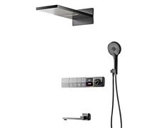 Système de douche en laiton gris pistolet, conception d'affichage numérique LED intelligent, robinet mural à double commande d'eau froide et chaude à 4 fonctions(Plum)