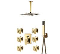 Système de douche en or moderne avec casse de douche de douche à ultrathin Douche à main 6pcs Spa Jets Plafond Mont de douche Faucet Set 12 pouces et 8 pouces LWX