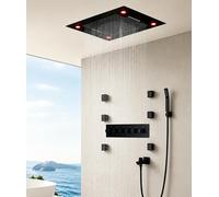 Système de Douche Encastrable, Ensemble de Douche Encastré avec 6pcs Buse de Massage, 600 x800mm Tête de Douche à Effet Pluie 64 Couleurs LED, Colonne de Douche Thermostatique Noir