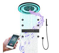 Système de Douche Encastrable Musique, Ensemble de douche thermostatique 4 fonctions, 64 Couleurs RGB LED Pommeau de douche rond en acier inoxydable de 600 mm, Douchette à Main (Noir)