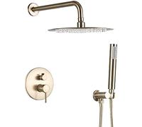 Système de douche Ensemble de robinets de douche dissimulés en laiton doré brossé, ensemble de mitigeurs de douche muraux avec douchette à main et pomme de douche cascade, design moderne, installation