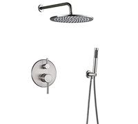 Système de douche Ensemble robinet à montage mural combiné effet pluie en laiton Nickel brossé et kit garniture avec pulvérisateur main pommeau, poignée unique, 10 pouces(12 inches)