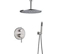 Système de douche, ensemble robinet en laiton avec à effet pluie nickel brossé et kit garniture pulvérisateur main pommeau montage au plafond, poignée unique, 12 pouces(10 inches)