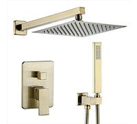Système de douche, ensembles complets robinets en or brossé, pommeau à effet pluie 8 pouces avec main, ensemble chaude et froide dissimulé laiton fixé au mur, or(Brushed Gold)