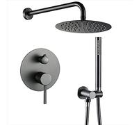 Système de douche, ensembles complets robinets gris pistolet brossé, pommeau à effet pluie rond dissimulé 8 pouces avec douchette, ensemble combiné chaude et froide fixé au mur, laiton