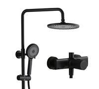 Système de Douche exposé Ensemble Noir, Pomme de Douche pluviométrique avec Coup de Main, bouffée de Baignoire, Jeu de Robinet de Douche de Salle de Bain en cuivre Mural (GR? A)