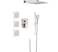 Système de douche haut de gamme avec pommeau de douche réglable, douchette à main, barre coulissante, jets corporels, bras de douche, flexible, garniture de valve et poignées à levier