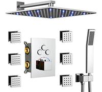 Système de douche Head Jet Thermostatic Précipitant Ensemble de 12 pouces LED Mur Moup Chrome Robinet complet Ensemble avec des jets corporels de 6 pcs et main LWX