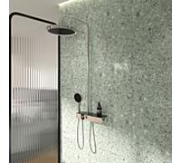 Système de douche Ideal Standard Solos A7881AA avec thermostat de douche apparent Ceratherm Navigo® et étagère, douche de tête avec anneau lumineux LED, douchette à main 3 jets, finition chrome clair