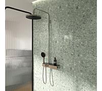 Système de douche Ideal Standard Solos A7882GN avec thermostat de douche Ceratherm Navigo® apparent et étagère, douchette 3 fonctions et pommeau de douche, coloris Silver Storm