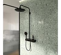 Système de douche Ideal Standard Solos A7883XG avec thermostat de douche apparent Ceratherm Navigo® et étagère, douche de tête avec anneau lumineux LED, douchette 3 fonctions et douche de tête, Noir S
