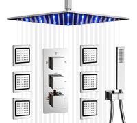 Système de douche Jets de tête de 12 pouces Prévade à LED avec 6 pcs Sprays de carrosserie intégrés et soupape de mélangeur thermostatique à main haute pression inclus Fini-Chrome Finition chromée