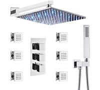 Système de douche, laiton 10-12 pouces mural Chrome à LED LED Système de pomme de douche avec une soupape de mélangeur thermostatique et 6 sprays de massage du corps et ensemble combo de douche à
