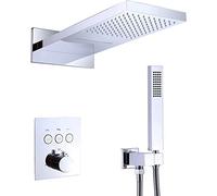 Système de douche mural de luxe avec valve thermostatique à bouton-poussoir 50,8 x 27,9 cm, rectangulaire, double fonction pluie et pulvérisateur à main, finition chromée
