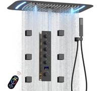 Système de douche noir mat avec affichage numérique - Pomme de douche à LED de 40,6 x 66 cm, 6 jets de corps, 3 modes : brume de colonne d'eau de pluie - Expérience de luxe ultime