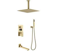 Système de douche, plafonnier à plafond numérique LED Brackaged Gold Bathroom Rain Rain Bucher Douche Ensemble de douche de 10-12 pouces de la piste de pluie carrée et des robinets de baignoire,