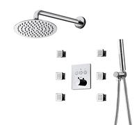 Système de Douche Réglage de Robinet thermostatique Combo Round Rain de 10" Kit de Baignoire Murale et moulures avec 2 Fonctions : pulvérisateur portatif et tête, 6 pièces Body Jets, Noir (C