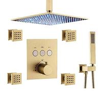 Système de douche, support de plafond en or en laiton Système de tête de douche de pluie LED de 10 à 12 pouces avec sprays corporels et ensemble de douche de luxe thermostatique à main, 10 pouces, 10