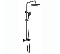 Système de douche thermostatique avec pommeau de douche effet pluie et douchette à main 3 jets, robinetterie murale, bec de baignoire en or brossé pour une expérience de salle de bain luxueuse, noir