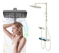 Système de douche thermostatique Bluetooth avec pommeau de pluie et pulvérisateur à main, fonction musique LED, batterie 4000 mAh, mélangeur cascade