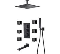 Système de douche Thermostatique Cachette de douche Faucet Set Wall Murd Anti Saldd Down Set avec 6 sprays de corps avec douche à main et cascade Précipitant la tête de douche Matte noir, 16 pouces