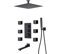 Système de douche Thermostatique Cachette de douche Faucet Set Wall Murd Anti Saldd Down Set avec 6 sprays de corps avec douche à main et cascade Précipitant la tête de douche Matte noir, 16 pouces
