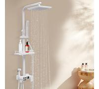 Système de douche thermostatique - Écran LED - Kit complet avec 4 modes de sortie d'eau et étagères réglables - Montage mural - Hauteur réglable - Blanc