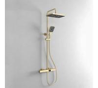 Système de douche thermostatique moderne - Pomme de douche à effet pluie exposée et robinet à main, design élégant montre de poche, valve en cuivre doré brossé, idéal pour les baignoires
