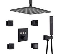 Système de douche thermostatique noir mat - Kit de douche complet en laiton avec pomme de pluie de 25,4 cm et 4 pulvérisateurs de corps - Ensemble de robinet de salle de bain de luxe pour un débit