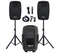 Système de haut-parleurs PA de 30,5 cm, 1000 W haute puissance compatible Bluetooth, paire active + passive, haut-parleurs extérieurs, karaoké extérieur, radio FM, télécommande, 2 supports de