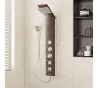 Système de panneau de douche en verre marron avec grain de bois - Cabine de douche multifonction avec douche de pluie, buses de massage et pommeau de douche à main pour une expérience de douche unique